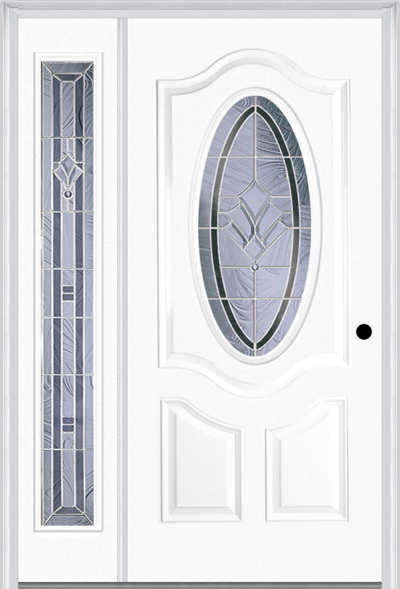 MMI SMALL OVAL 2 PANEL DELUXE 3'0" X 6'8" FIBERGLASS SMOOTH RADIANT HUES NICKEL EXTERIOR PREHUNG DOOR WITH 1 FULL LITE RADIANT HUES NICKEL DECORATIVE GLASS SIDELIGHT 749